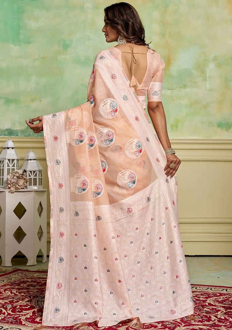 Peach Zari Cotton Saree Set