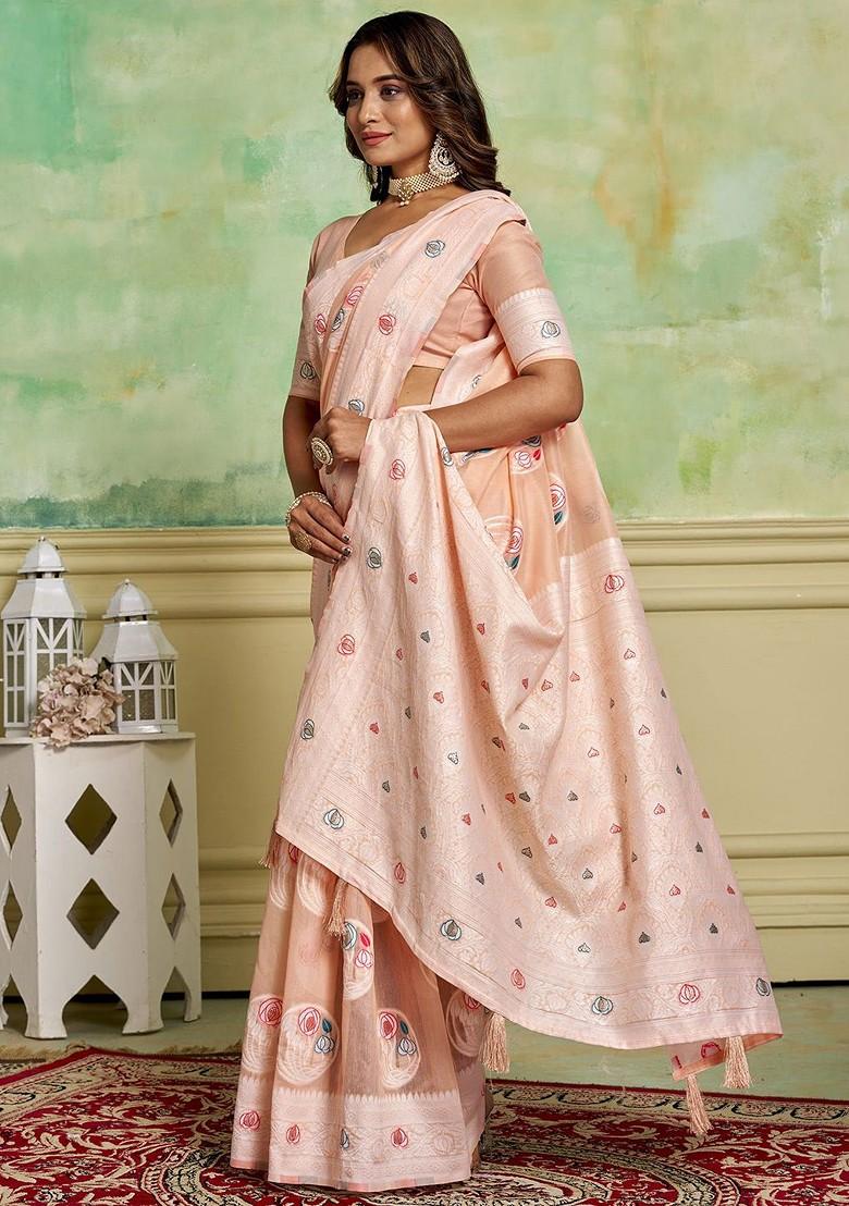 Peach Zari Cotton Saree Set