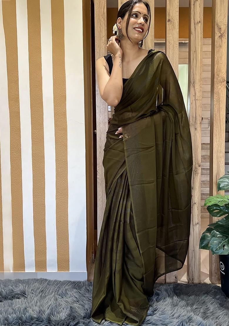 Green Striped Chiffon Saree Set