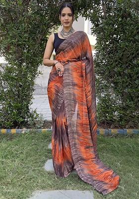 Orange Abstract Print Chiffon Saree Set