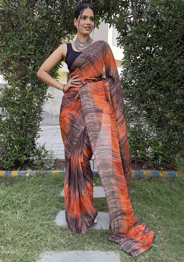 Orange Abstract Print Chiffon Saree Set