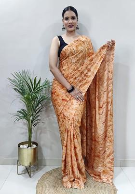 Orange Abstract Print Satin Saree Set