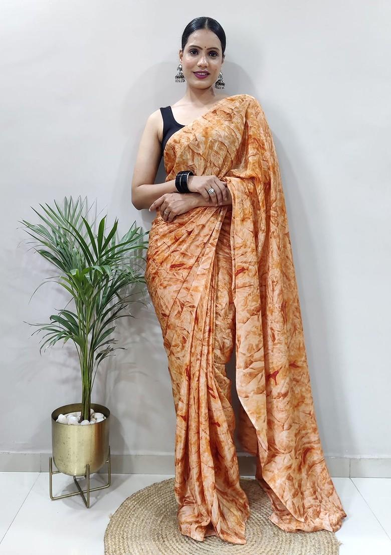 Orange Abstract Print Satin Saree Set