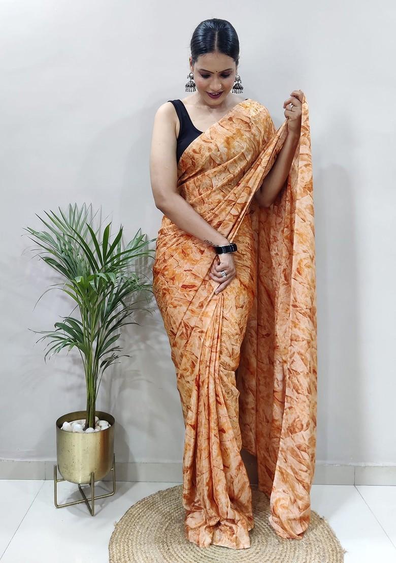 Orange Abstract Print Satin Saree Set