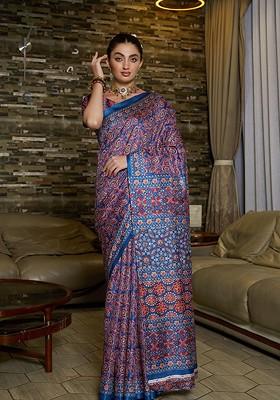 Blue Ajrak Print Silk Saree Set