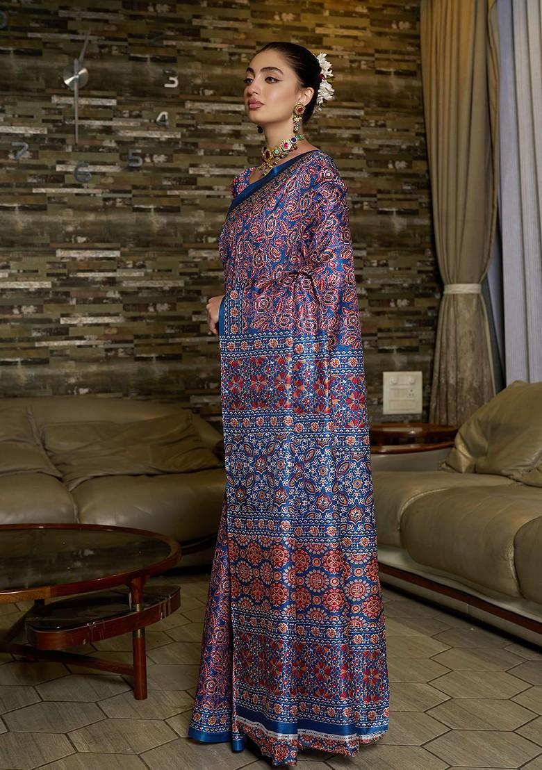 Blue Ajrak Print Silk Saree Set