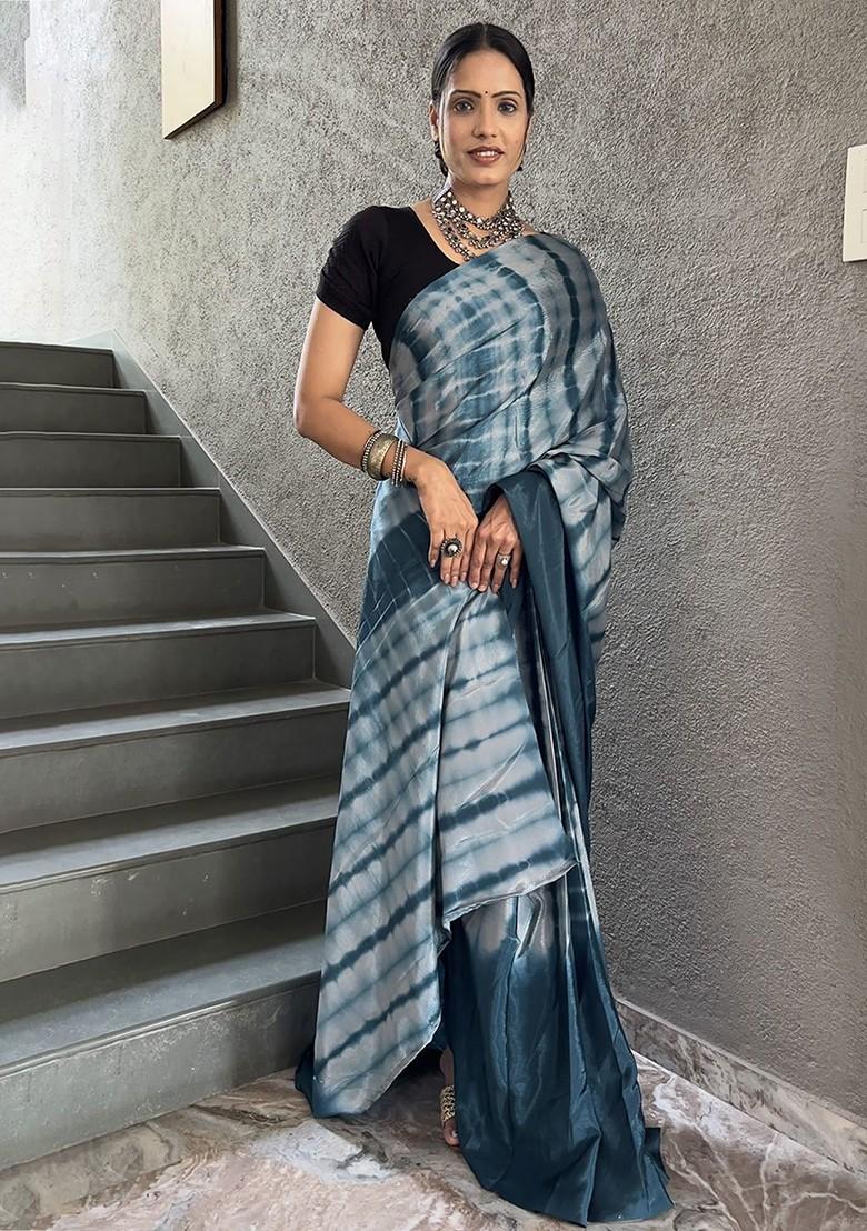 White Tie And Dye Satin Saree Set