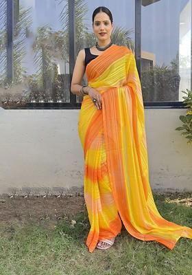Yellow Striped Chiffon Saree Set