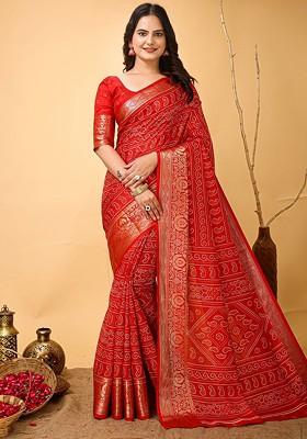 Red Bandhani Print Kanjeevaram Silk Saree Set