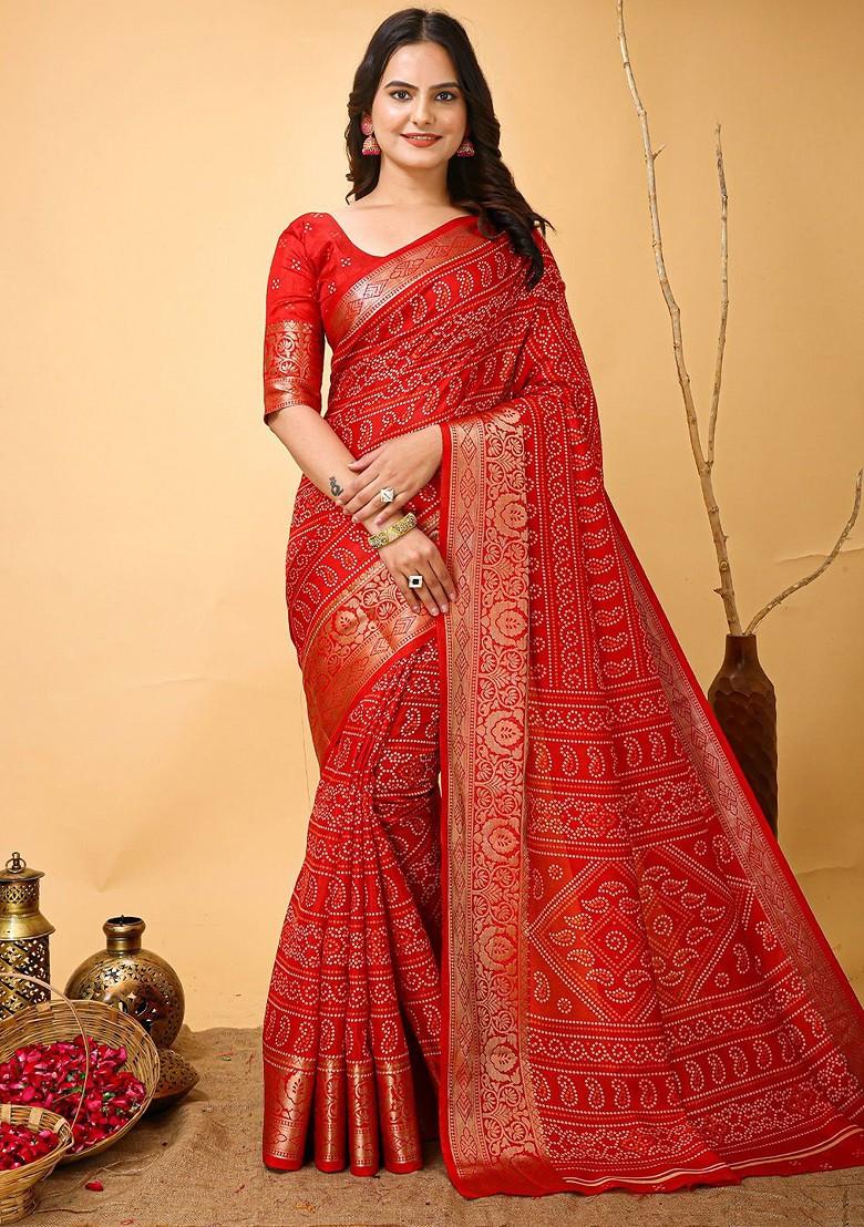 Red Bandhani Print Kanjeevaram Silk Saree Set
