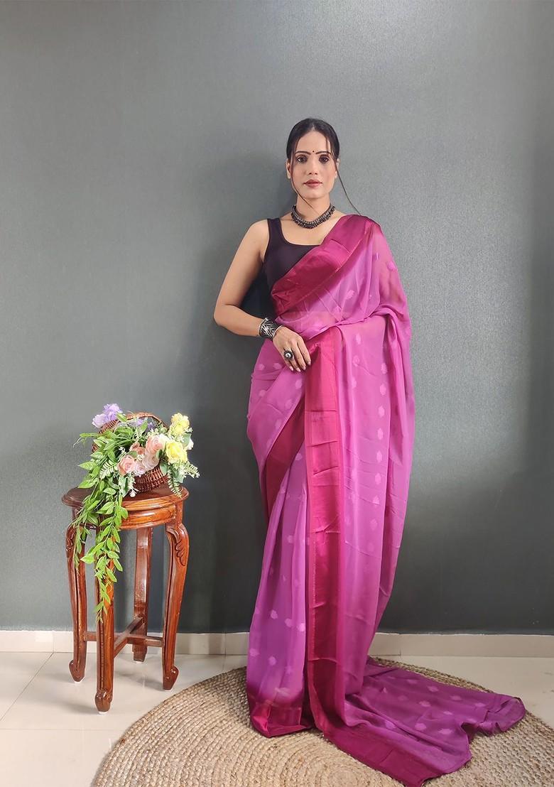 Pink Abstract Print Poly Blend Saree Set