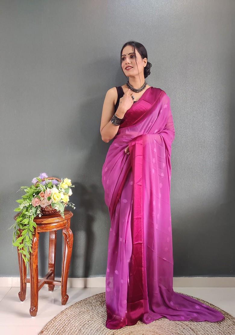 Pink Abstract Print Poly Blend Saree Set