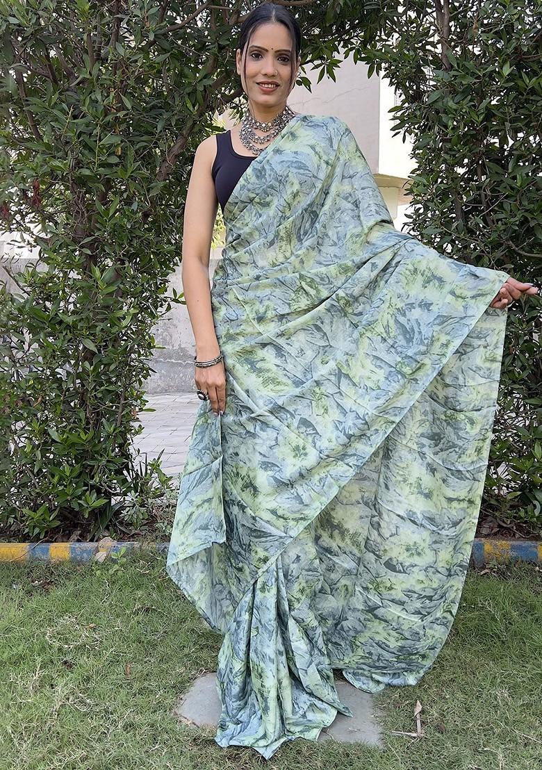Grey Printed Satin Saree Set