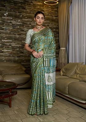 Green Embroidered Silk Saree Set