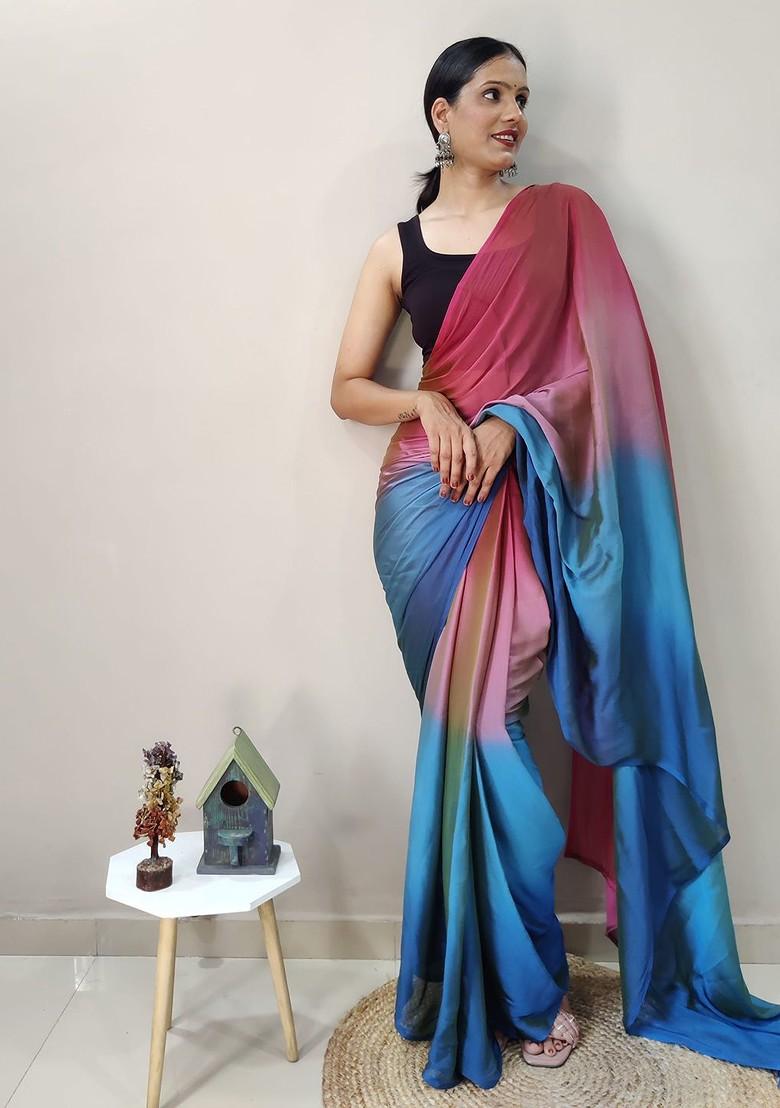 Pink Embroidered Satin Saree Set