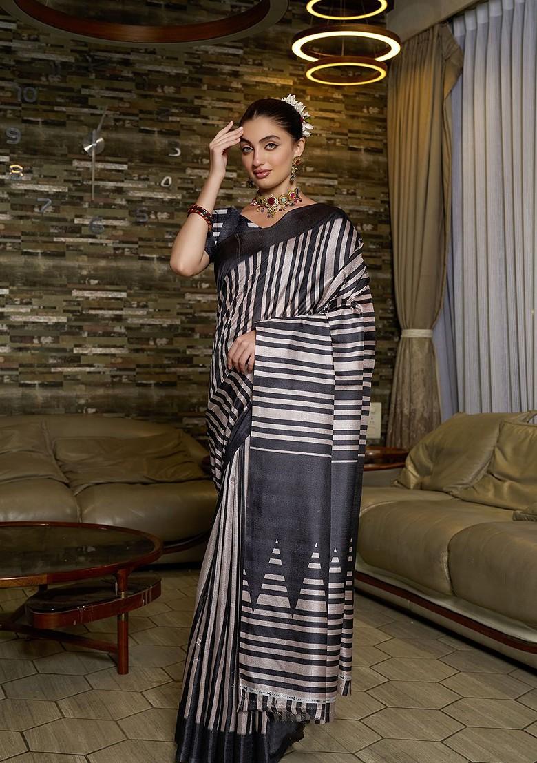 Black Embroidered Silk Saree Set