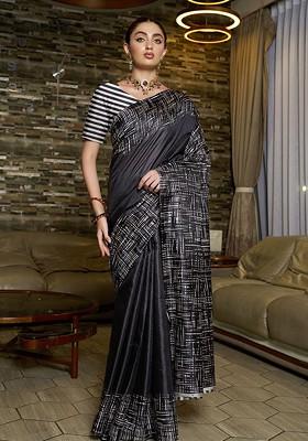 Black Block Print Silk Saree Set