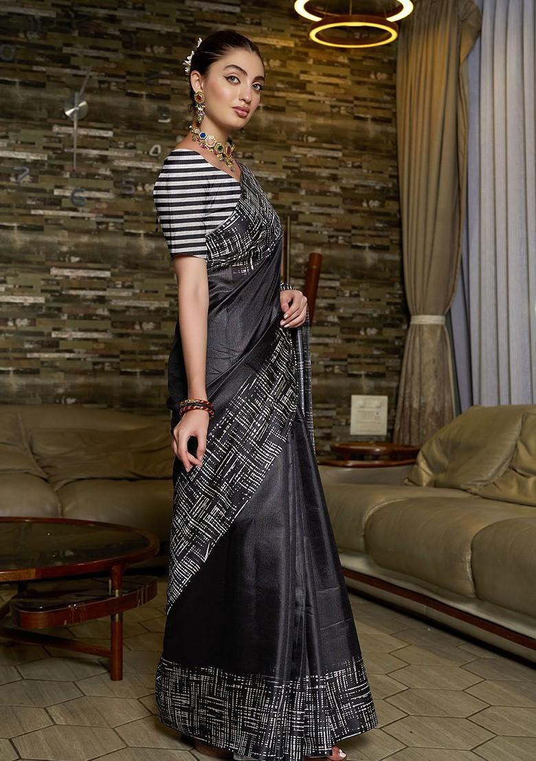 Black Block Print Silk Saree Set