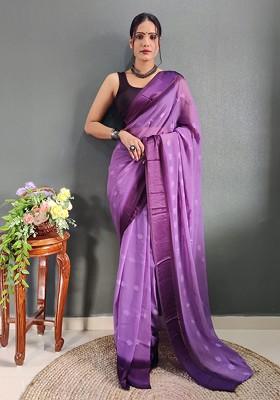 Purple Embroidered Satin Saree Set