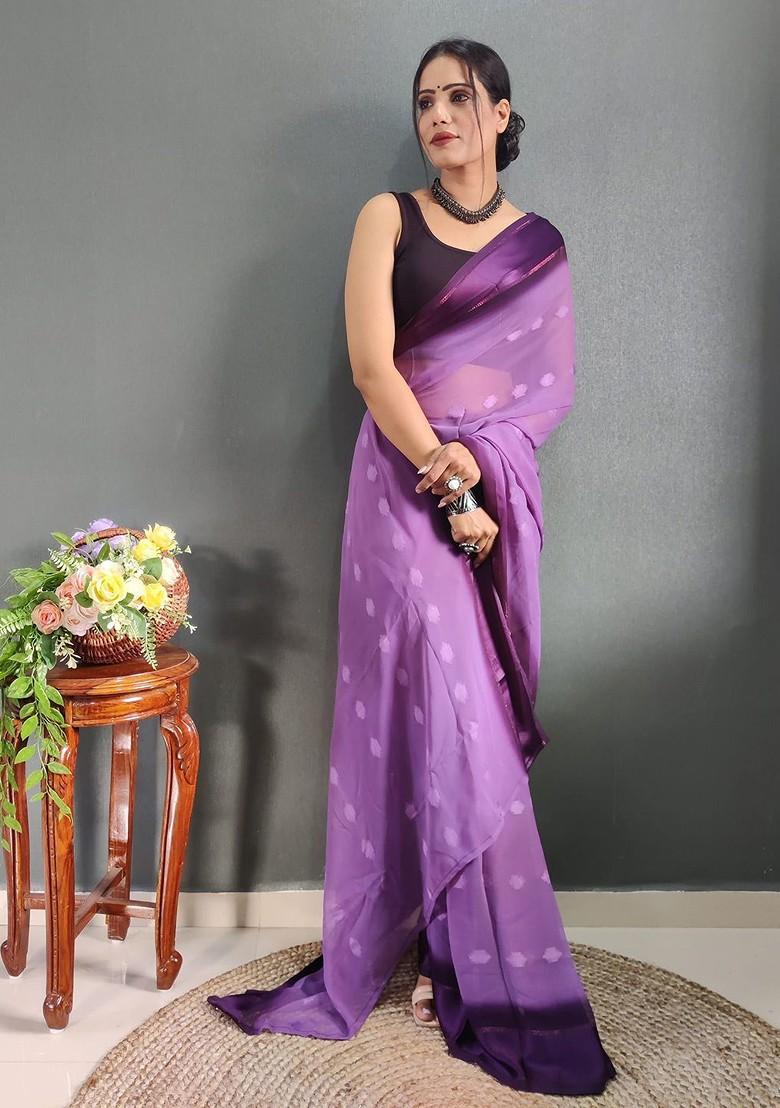 Purple Embroidered Satin Saree Set