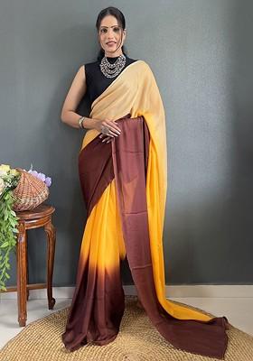 Orange Embroidered Crepe Saree Set