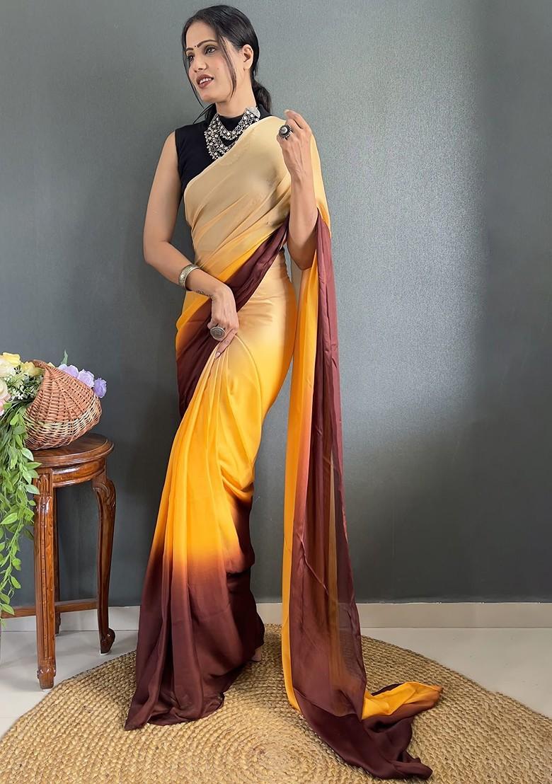 Orange Embroidered Crepe Saree Set