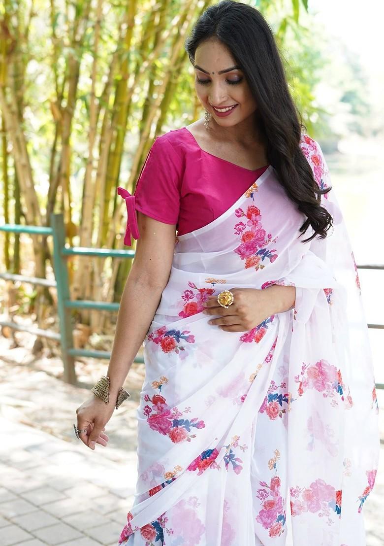 White Floral Printed Chiffon Saree Set