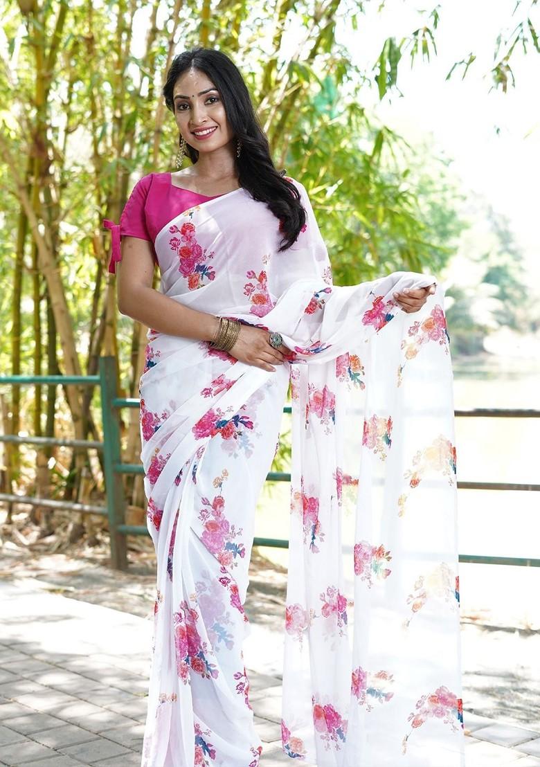 White Floral Printed Chiffon Saree Set