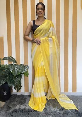 Yellow Striped Chiffon Saree Set