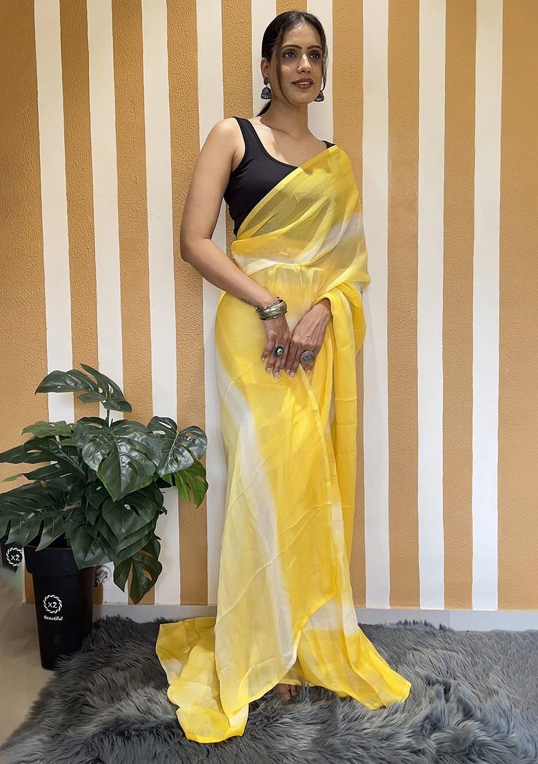 Yellow Striped Chiffon Saree Set