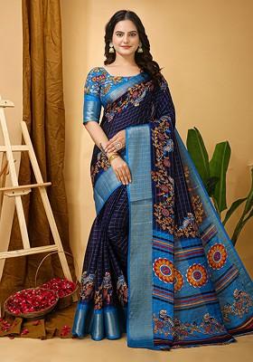 Navy Blue Zari Banarasi Saree Set