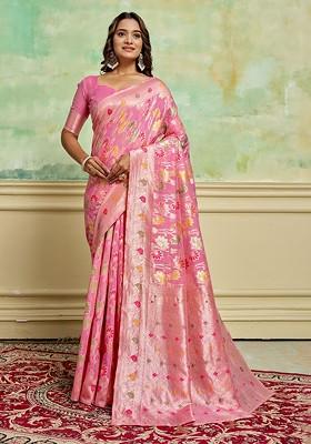 Pink Zari Cotton Saree Set