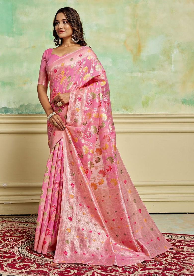 Pink Zari Cotton Saree Set