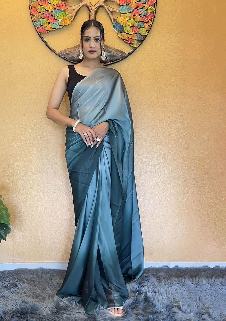 Blue Embroidered Chiffon Saree Set