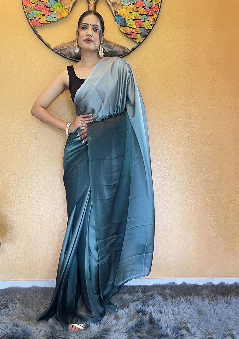 Blue Embroidered Chiffon Saree Set