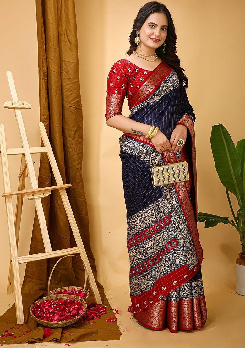 Blue Checked Kanjeevaram Silk Saree Set