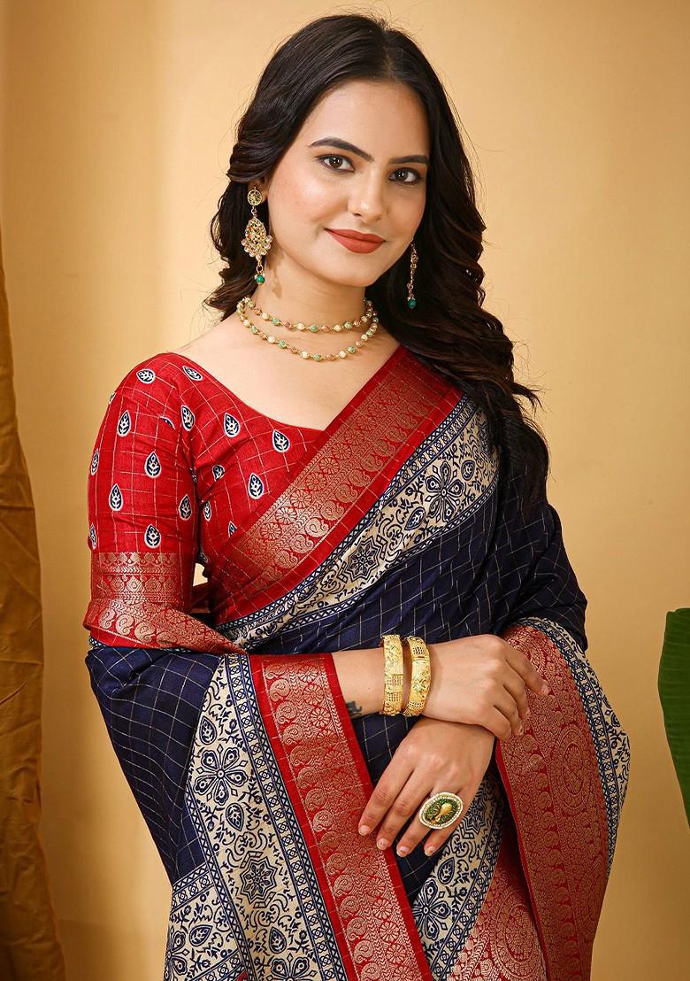 Blue Checked Kanjeevaram Silk Saree Set