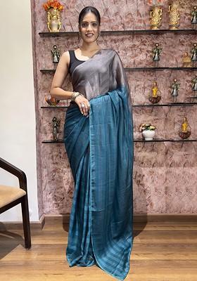 Blue Striped Chiffon Saree Set
