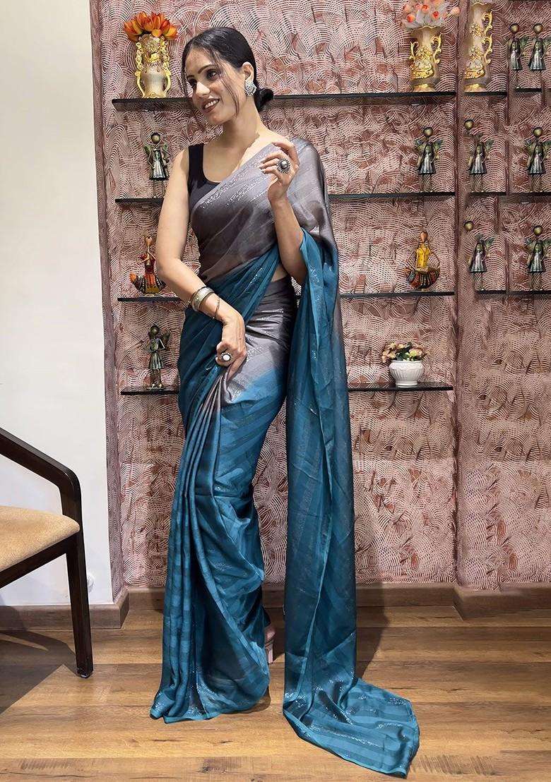 Blue Striped Chiffon Saree Set