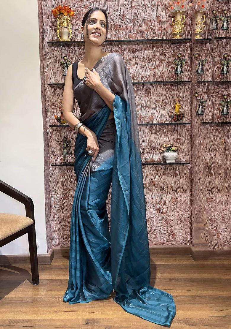 Blue Striped Chiffon Saree Set