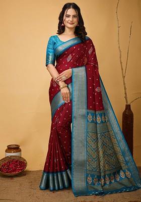 Maroon Kalamkari Kanjeevaram Silk Saree Set