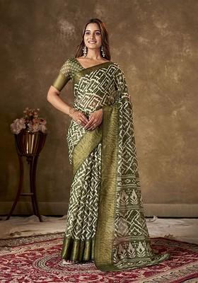 Green Abstract Print Cotton Saree Set