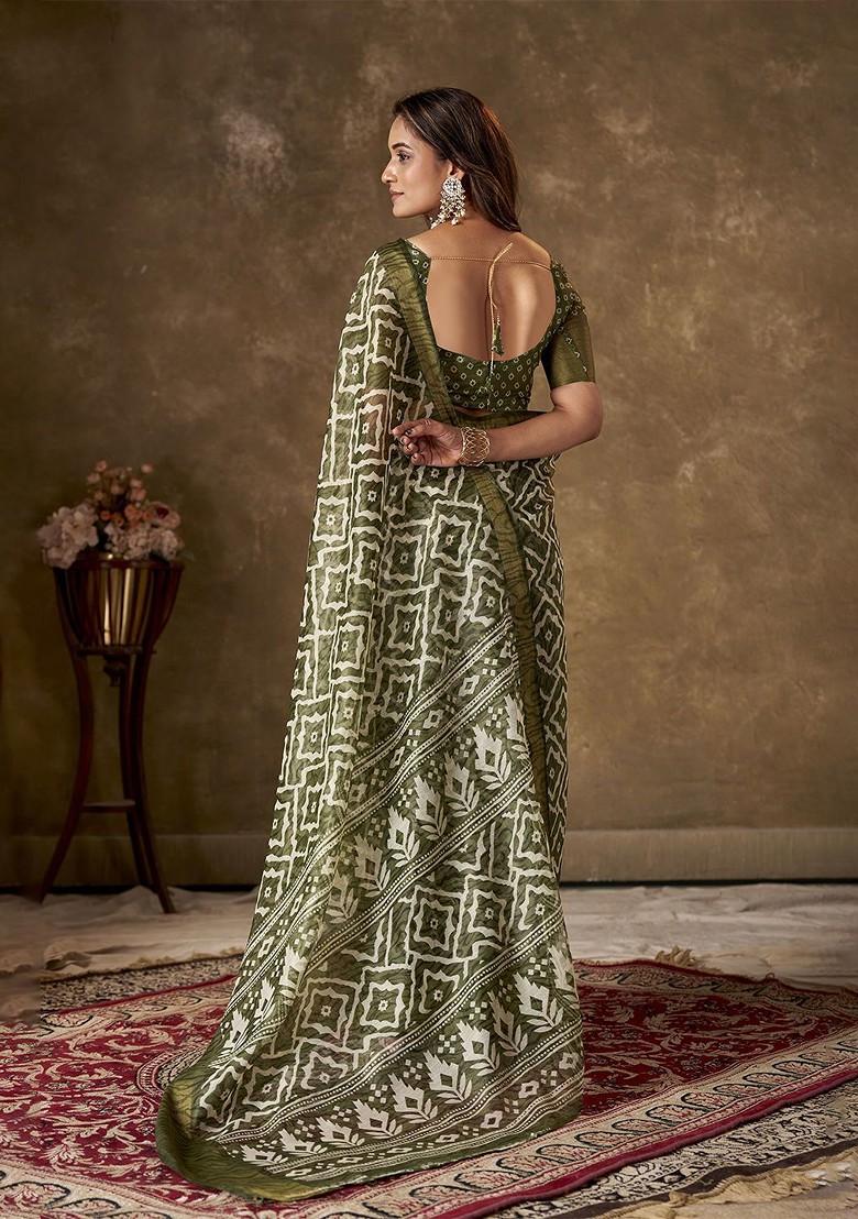 Green Abstract Print Cotton Saree Set