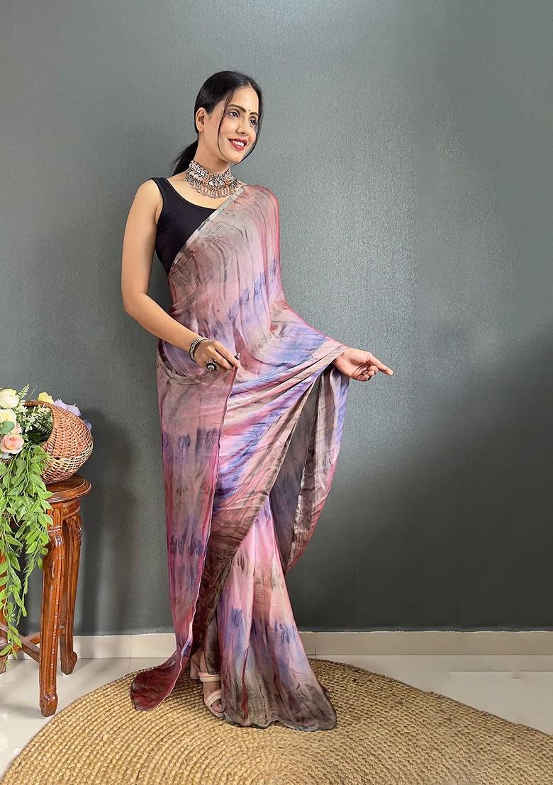 Pink Tie And Dye Chiffon Saree Set
