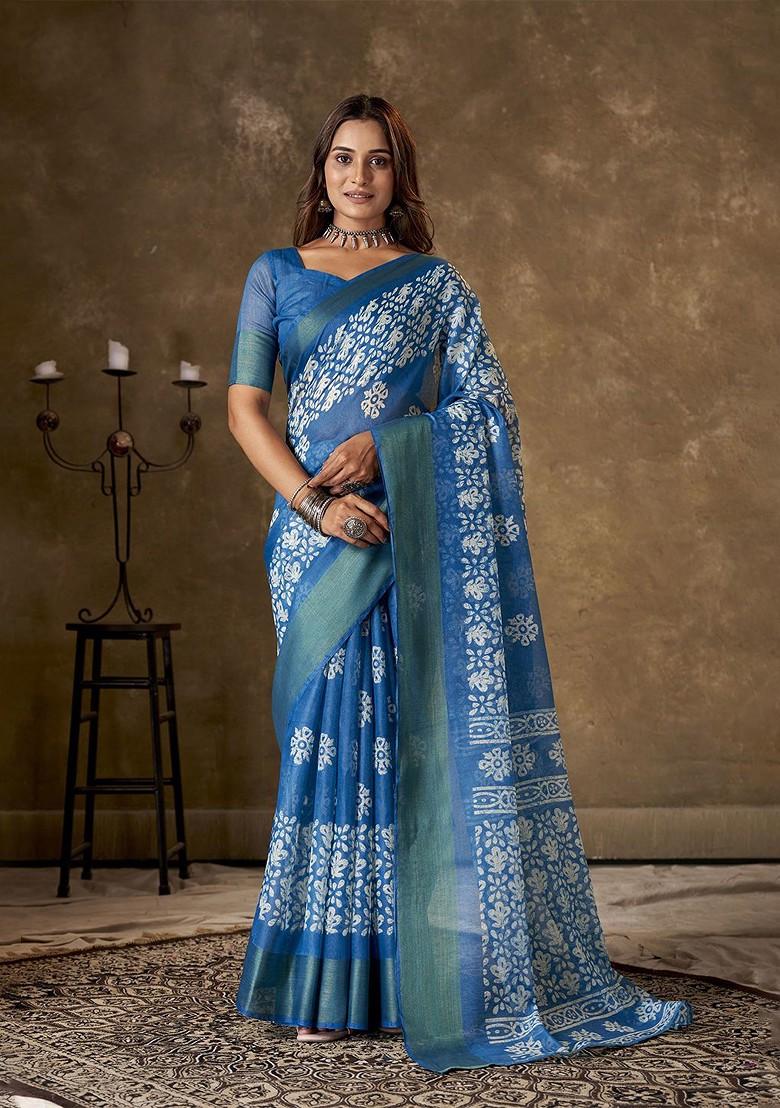 Blue Zari Cotton Saree Set