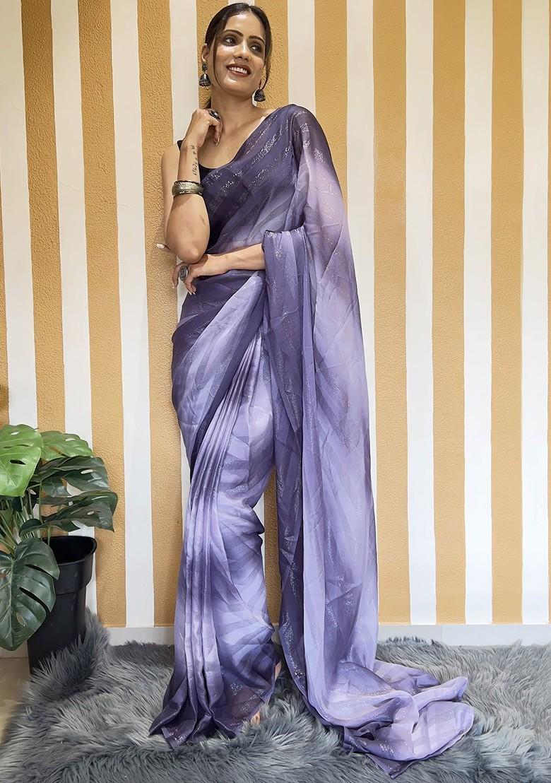 Purple Embellished Chiffon Saree Set