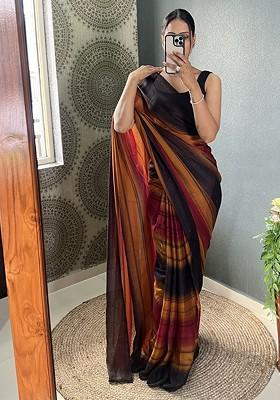 Orange Striped Crepe Saree Set