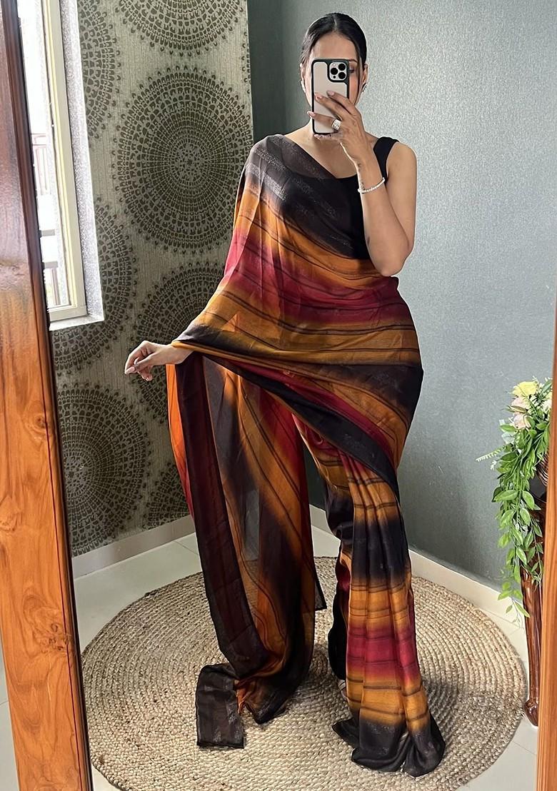 Orange Striped Crepe Saree Set