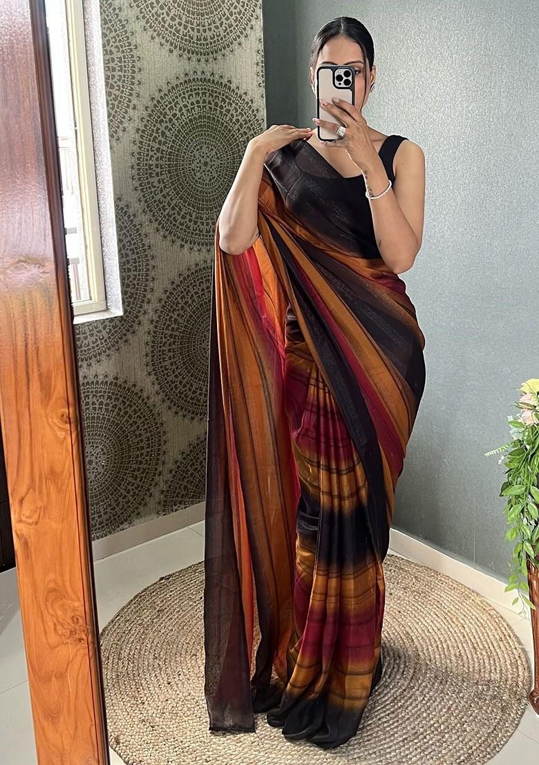 Orange Striped Crepe Saree Set