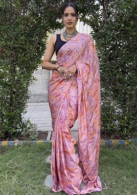 Pink Printed Satin Saree Set